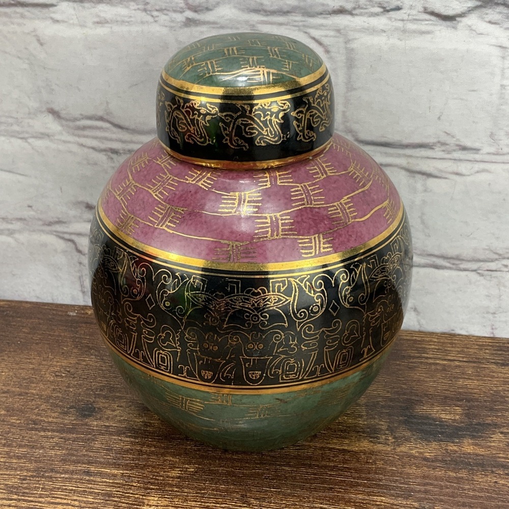 Vintage Chinese Ginger Jar Black Green And‎ Pink Elaborate Gold Design Dragon